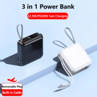 30000mAh Power Bank Built in Cable Plug Wall Charger 22.5W Fast Charging for iPhone 15 Samsung S23 Huawei Xiaomi Mini Powerbank