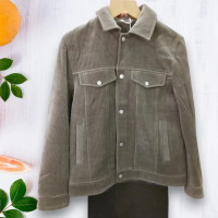 Jaket Trucker Corduroy Coklat Abu Taupe Gaya Vintage Klasik dengan Kancing Jepret Putih Cerah dan Sa