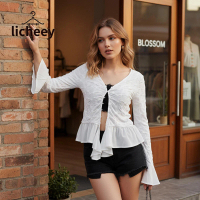 Women Flower BlouseV Neck Long Sleeve Button-up Ruffle Shirts Trendy Fall Streetwear