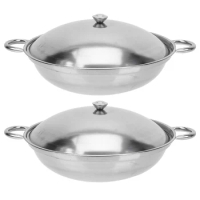 Stainless Steel Wok Pan Lid Double Handle Everyday Pan Nonstick Frying Pan Shabu Pot Seafood Cookware Fits All Stoves