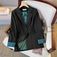 Women's Autumn/winter Retro Casual Short Sleeved Blazer Coats Commuting Solid Color Loose Single Breasted Suit Jacket for Office