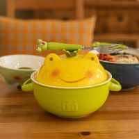 高顏值青蛙陶瓷泡面碗大號帶蓋雙耳吃米飯碗學生宿舍家用大碗湯碗