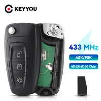 KEYYOU Remote ASK/FSK 3 Buttons Flip Remote Car Key Fob For Ford Focus Mondeo C-Max S-Max Fiesta 2013+ HU101 434Mhz 4D63 Chip