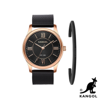【KANGOL】1+1限量禮盒組！典雅羅馬時標腕錶+簡約Logo手環 - 黑帶金框 KG71338