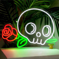 Skull Neon Signs Skeleton Flower Neon Light LED Neon Light Sign Ghost Wall Night Lights Cool Neon Sign Decor for Room Bedroom