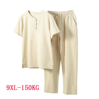 Summer men shirt 5XL 6XL 7XL 8XL 9XL Bust 155cm plus size linen large size shirt with pants men 5 colors