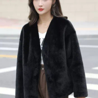 Fake fur fur coat for women's winter short V-neck faux mink fur gold mink plush coat
