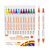 12 Colors Dual Tip Brush Pen Magic Color Changing Pen Set for Kids DIY Handbook Pens Marker Highlighter Pastel Stationery
