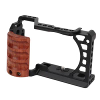 Aluminum Alloy Camera Cage Rig for Sony A6400 A6300 A6100 A6000 Camera Protective Frame with Wooden Handle Cold Shoe Interface