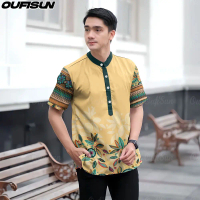 2026 Muslim men vintage traditional collar shirt Henry's national short-sleeve Raya shirt