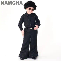 70s Disco Singer Model Performance Costume Suit Black Retro Sequins Stage Performance Costume Wigs Children's Day Outfit