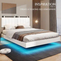 Floating Bed Frame Modern Inspired Queen Size Platform Bed with LED Light White