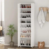 Large Shoe Cabinet with Wheels Wooden 2 Door Tall Shoe Storage Rack 7 Adjustable Shelves Cabinet for Office,Home White/ Black