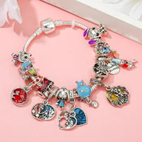 Disney Charms Bracelet For Women Cartoon Mickey Winnie Olaf Alice Lady Tramp Dog Dangle Bijoux Anime Cheshire Stitch Bead Bangle
