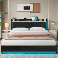 King Size Bed Frame with LED Lights Pu Leather Platform Bed Frame with Headboard,Adult and adolescent double beds