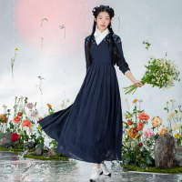 A Life On The Left Women Blue Calico Hanfu Dress Half Sleeve Cross Lapel Hand-embroidered Lace Up Design Traditional Skirt