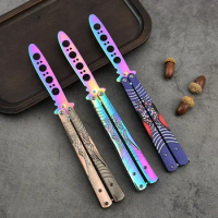 Butterfly Knife Trainer Stainless Steel Spider Print Novice Portable Folding Balisong Knife Practice Hand Tool CSGO Uncut Blade