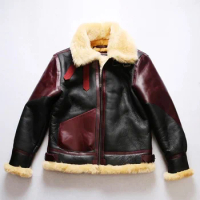 Fur B3 One Air Force Flight Suit Men Winter Shearling Sheepskin Warm Hair Collar Vintage Genuine Leather Jacket