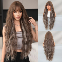 Rambut Palsu Gelombang Air Panjang, Gaya Elegan, Warna Coklat Abu, dengan Poni, untuk Wanita, Ketump