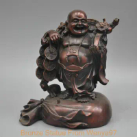 SS 10'' China Happy Maitreya Laughing Buddha Stand On Money Bag Bronze Statue