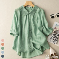 【ACheter】日系花邊純色素面棉麻短袖襯衫上衣#113250現貨+預購(5色)