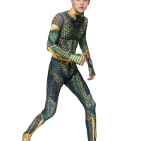 Movie Comic 3D Flesh Gold Aquaman Cosplay Bodysuit Halloween Cosplay Costume One-piece Suit for Adult