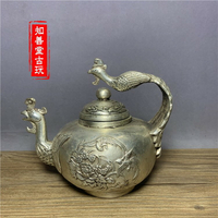 特價仿古純銅黃銅鍍銀龍壺擺件龍把手壺酒壺茶壺家居裝飾禮品古玩