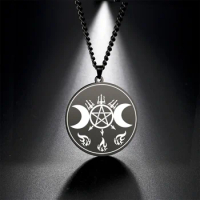 EUEAVAN Wicca Triple Moon Goddess Pagan Necklace Pentagram Fire Trident Round Pendant Necklaces Vintage Witchcraft Charm Jewelry