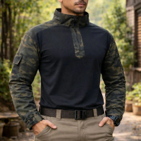 Kaos BDU Lapangan Pria Loreng Hitam Polos Zipper dan Saku Samping
