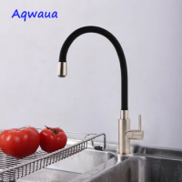 Aqwaua Kitchen Faucet Cold Water Tap SUS304 Faucet 360 Swivel Black Neck Tap Single Hole Deck Mounted Stainless Steel Body