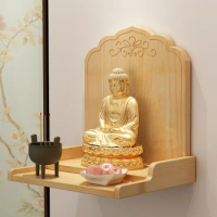 Wooden Wall Shelf Shrine Buddha Rack Pine Buddhist Altar Sculpture Collection Display Wood Carving Crafts Home Decor Accessories