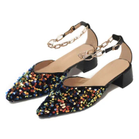 2024 Woman 3cm Low Heels Pumps Fenty Beauty Chain Buckle Strap Sparkly Colored Sequins Large Size Fashion Shallow Leisure Shoes