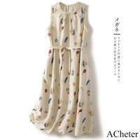 【ACheter】印花棉麻感連身裙文藝減齡無袖背心長版洋裝#121926(杏)