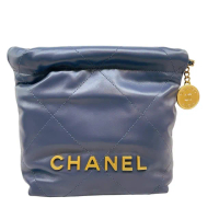 【CHANEL 香奈兒】經典22包系列MINI 亮面牛皮手提斜背兩用包(迷你/灰藍色/晶片款)