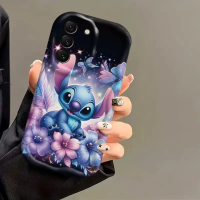 Phone Case: DISNEY Stitch Cartoon Solid White Color Curly Wave Frame Cute Phone Case for Samsung Gal