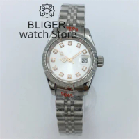 BLIGER 26mm Silver Mechanical Women's Watch Seiko NH05 Movement White dial Diamond Index Sapphire glass Silver Jubilee Bracelet