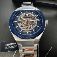 【MASERATI 瑪莎拉蒂】瑪莎拉蒂男錶型號R8823142004(寶藍色雙面機械鏤空錶面寶藍錶殼銀色精鋼錶帶款)