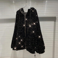 Autumn Winter New Sequined Shiny Hooded Drawstring Long Sleeve Zip Jacket Fashion Streetwear Women C