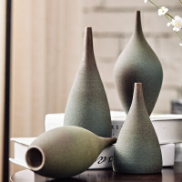 創意日式花瓶插花擺件客廳裝飾品 禪意粗陶銅質感磨砂花器1入