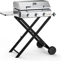 Portable BBQ Gas Griddle 3 Burners Stainless Steel Flat Top Gas Grill Griddle Stove with Lid Side Table Foldable Cart