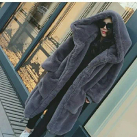 Fur Coat for Women Imitation Rex Rabbit Fur Thickened Mid-length Hooded Fur Coat Fashionable Loose Versatile and Gentle
