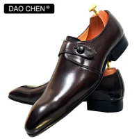 DAOCHEN MEN LEATHER SHOES BLACK COFFEE MONK STRAP LOAFERS SLIP ON LUXURY BRAND CASUAL DRESS WEDDING OFFICE SHOES FOR MEN