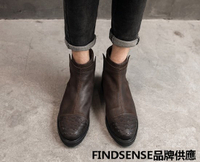 FINDSENSE品牌 四季款 新款 日本 男 高品質 真皮 復古加絨 切爾西靴 做舊 增高 中筒皮靴 舒適 潮流鞋子