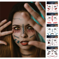 Halloween Face Tattoo Temporary Festival Make-up Party Waterproof Disposable Body Art Make Up Stickers Scary Bloody Scar Decor