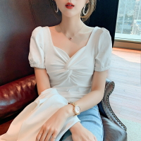 白色t恤女短袖夏裝年新款法式方領泡泡袖扭結v領高腰短款上衣