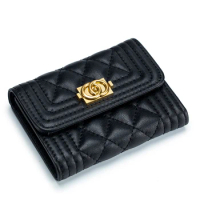 Sheepskin Short Tri-fold Wallet Women's High-end New Style Genuine Leather Rhombic Chanel Style Ultra-thin Coin Purse
