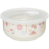 小禮堂 Hello Kitty 陶瓷微波保鮮碗 附蓋 陶瓷保鮮盒 便當盒 沙拉碗 380ml (粉白 和服) 4973307-520723