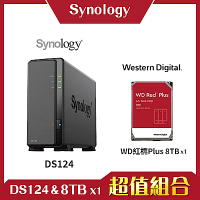 Synology DS124 1Bay NAS 網路儲存伺服器＋WD 紅標 8TB 3.5吋NAS硬碟