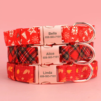 {DLGIFJIE} Personalized Christmas Dog Collar Customized Red Plaid Pet Collars With Bowknot Free Engr
