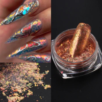 Iridescent Opal Nail Flakes Mermaid Glitter Gold Leaf for Nails Pink Aurora Chrome Powder Shimmer Manicure Paillette GLYJO-01